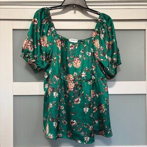 Bohera Boutique BOHO  Garden Goddess Floral Top Green Silky umpire waist sz L